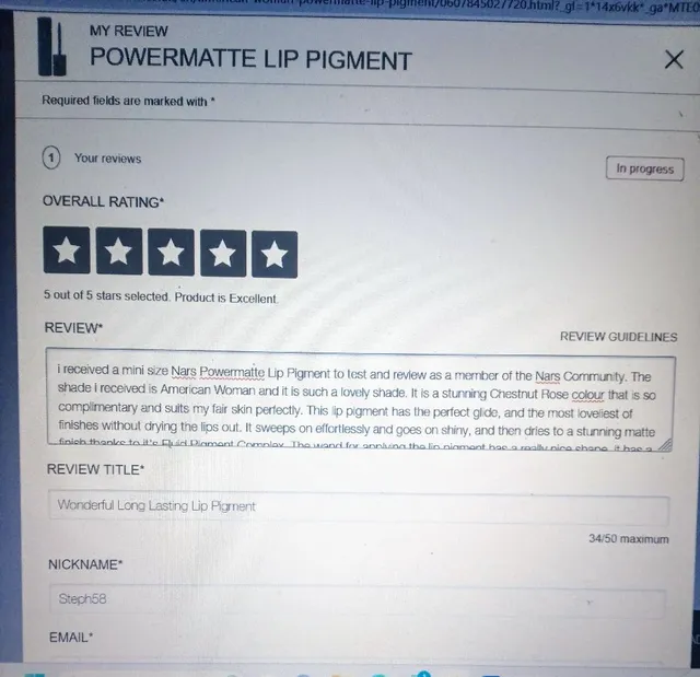 My review submitted on Nars for my test and review product